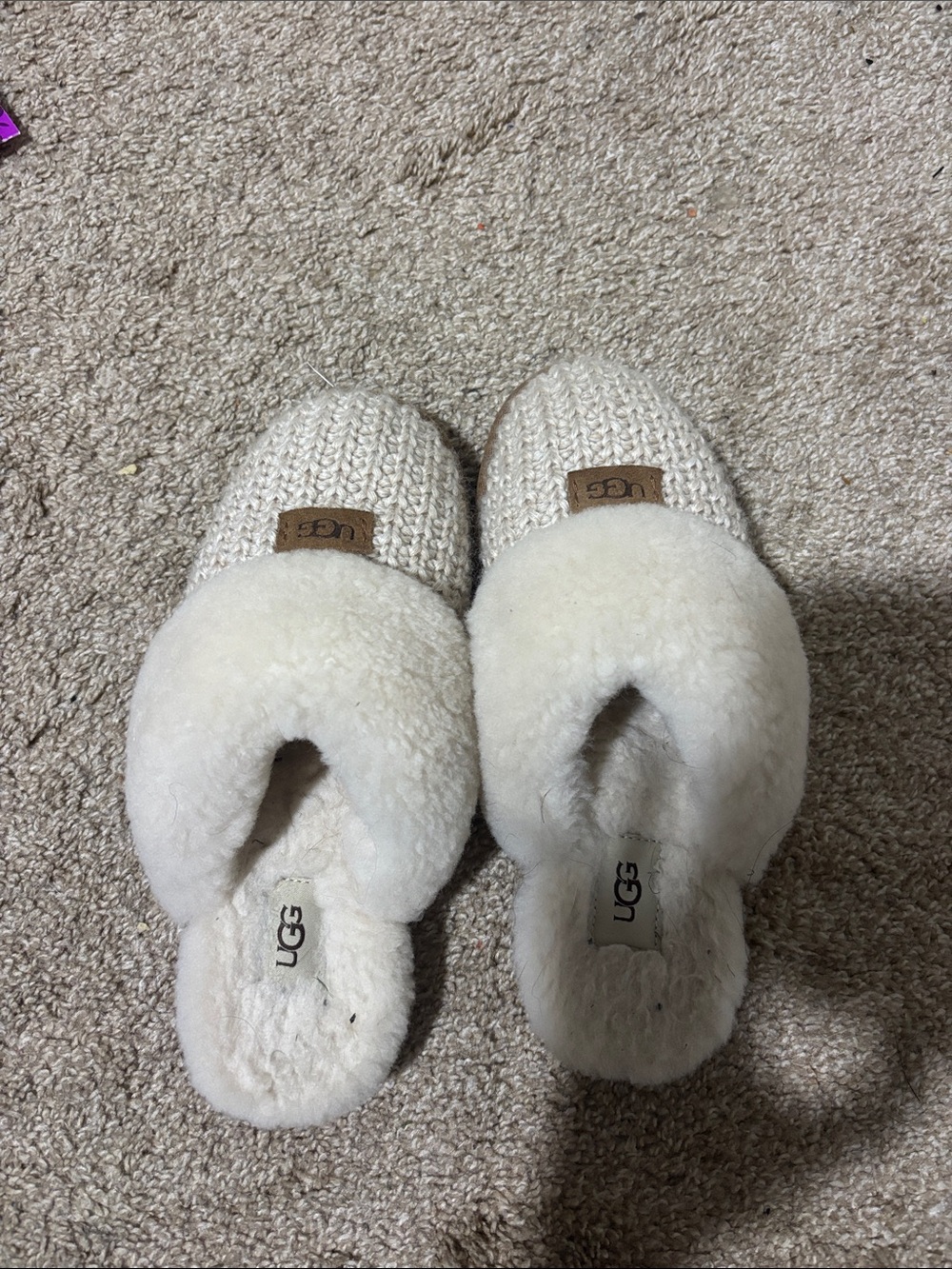 UGG Kids Cream Knit Shearling Slip-On Slippers